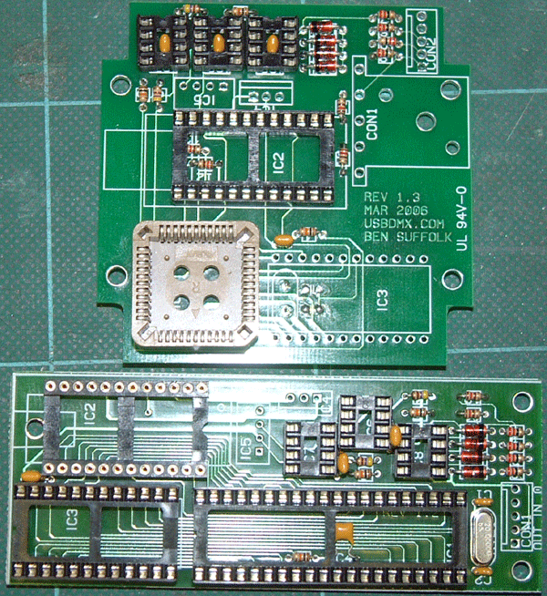 USB DMX interface PCB with IC sockets fitted
